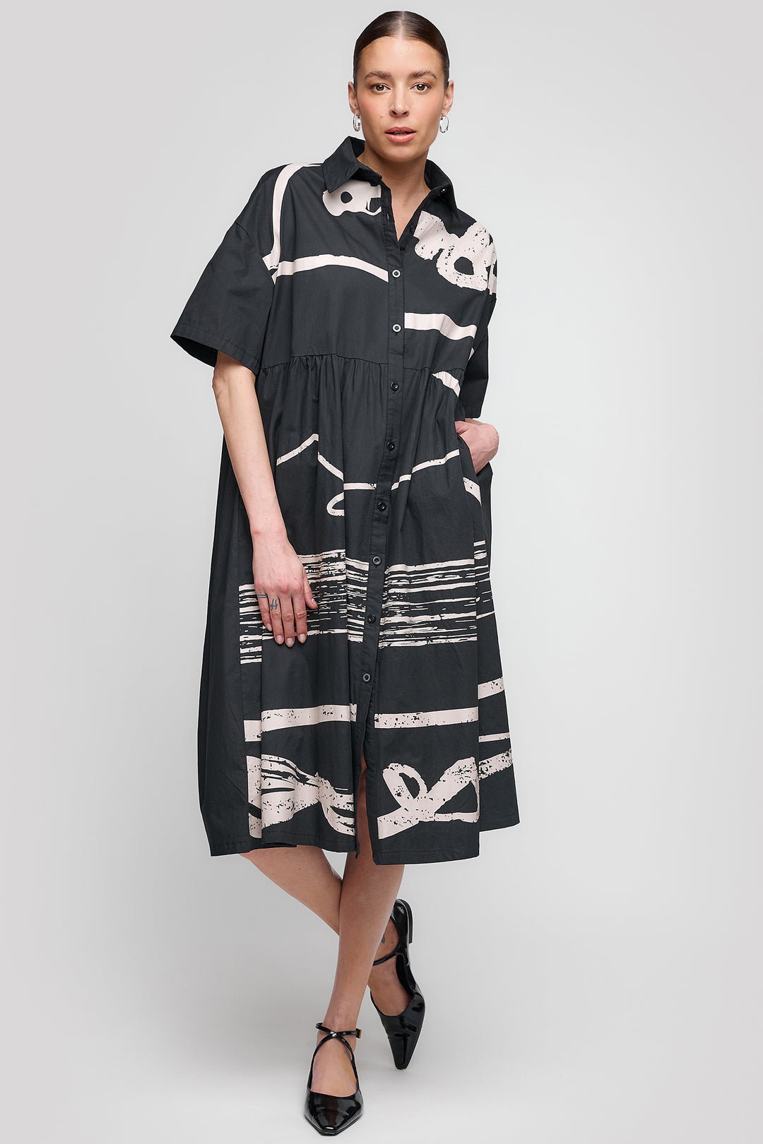 Uchuu Shirt Dress Monochrome Print CS25-006 Black - Experience Boutique