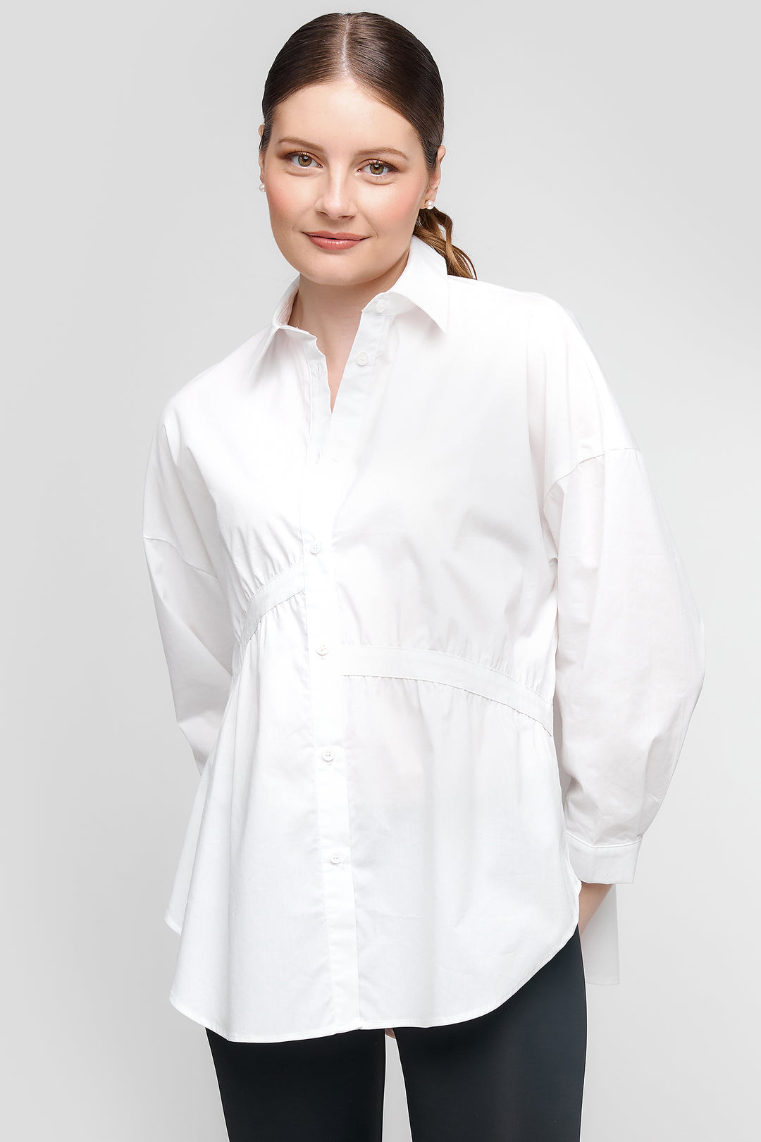 Uchuu Shirt Gathered Banding Design White S25-605 - Experience Boutique