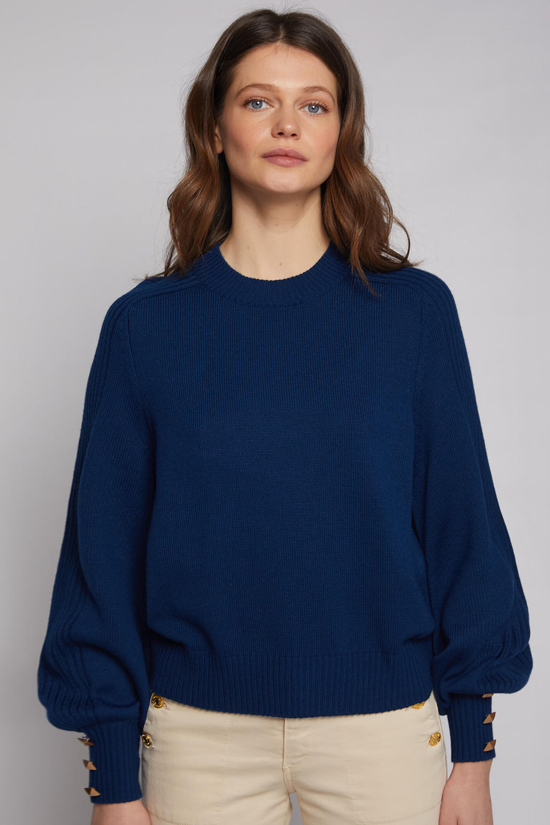 Vilagallo 30469 Navy Balloon Sleeve Merino Blend Jumper - Experience Boutique