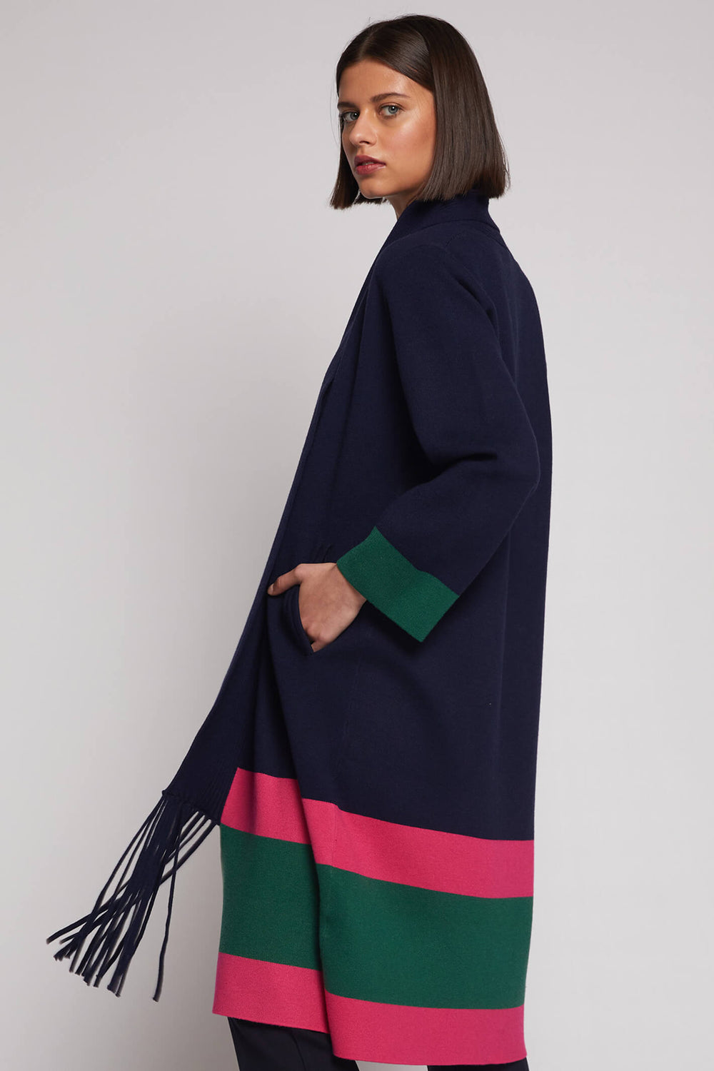 Vilagallo 30632 Navy Colour Block Fringed Cardigan - Experience Boutique