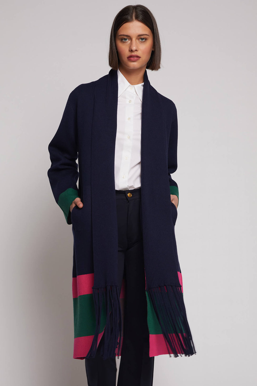 Vilagallo 30632 Navy Colour Block Fringed Cardigan - Experience Boutique