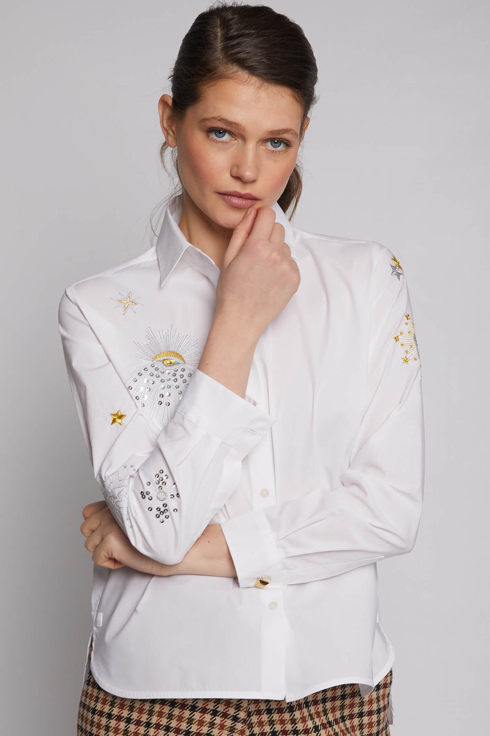 Vilagallo 30636 White Isabella Embroidered Sequin Shirt - Experience Boutique