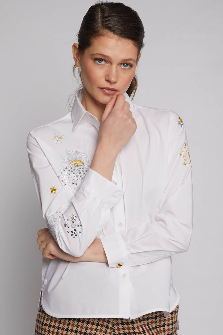 Vilagallo 30636 White Isabella Embroidered Sequin Shirt - Experience Boutique