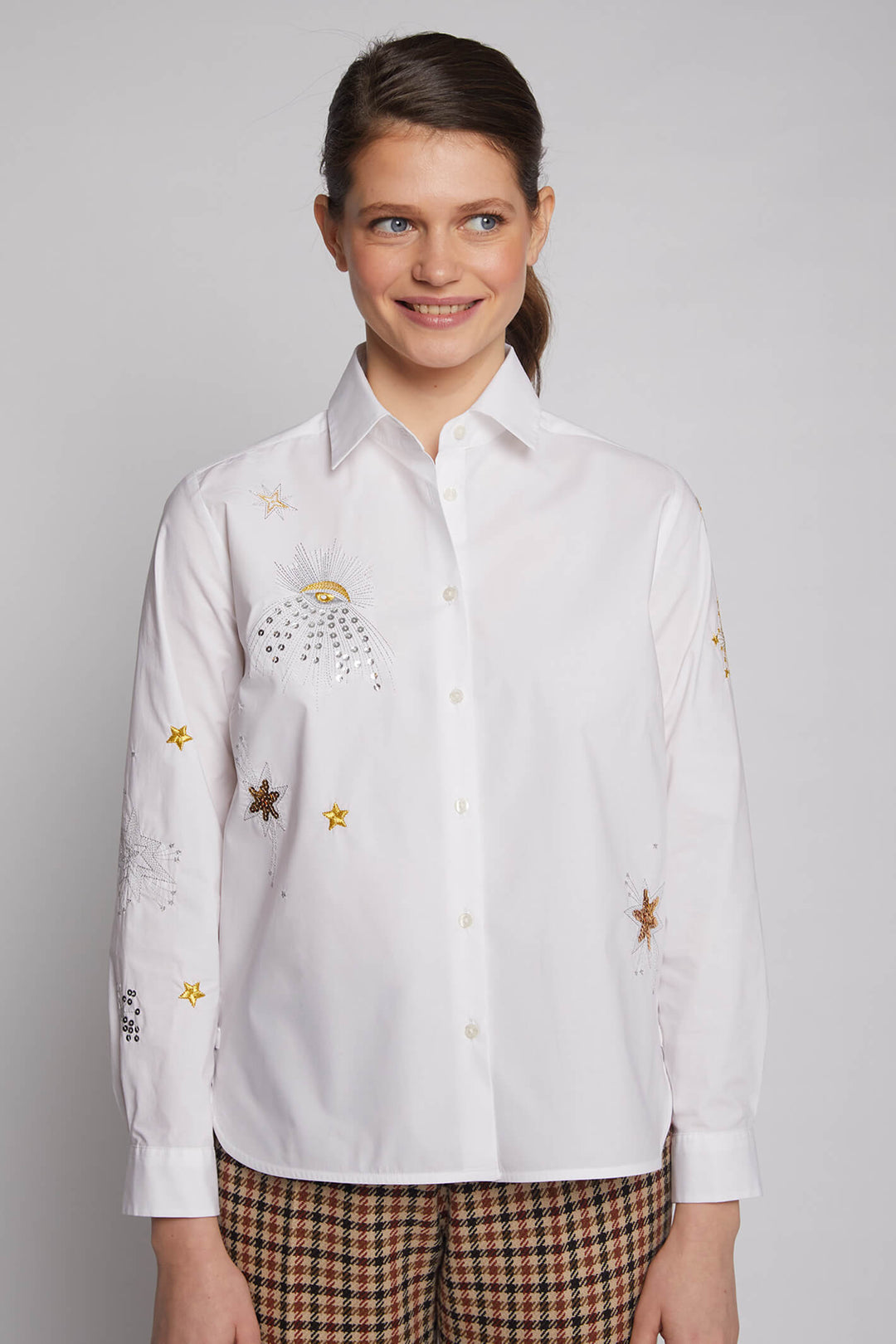 Vilagallo 30636 White Isabella Embroidered Sequin Shirt - Experience Boutique