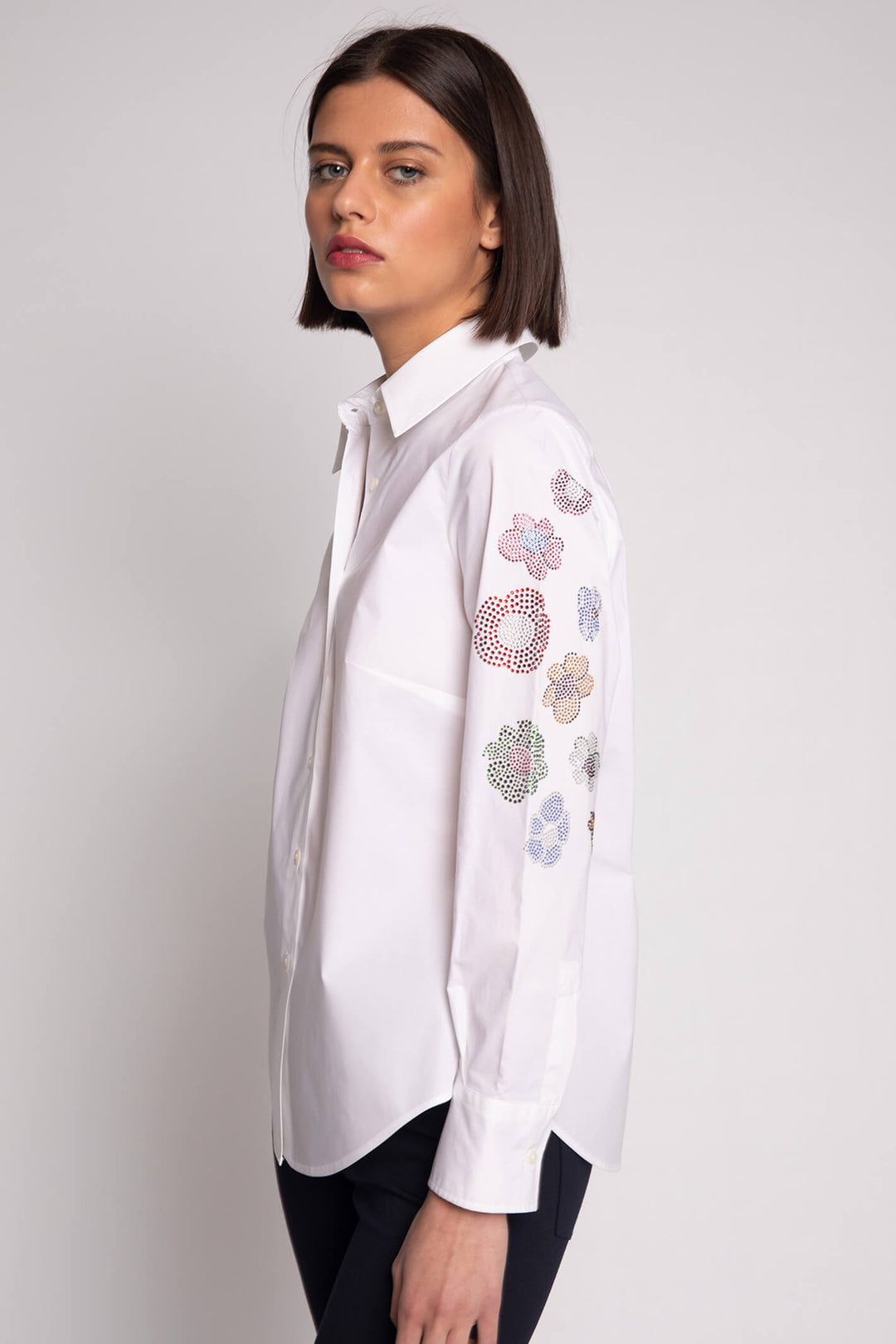 Vilagallo 30640 White Mafalda Diamante Flower Shirt - Experience Boutique