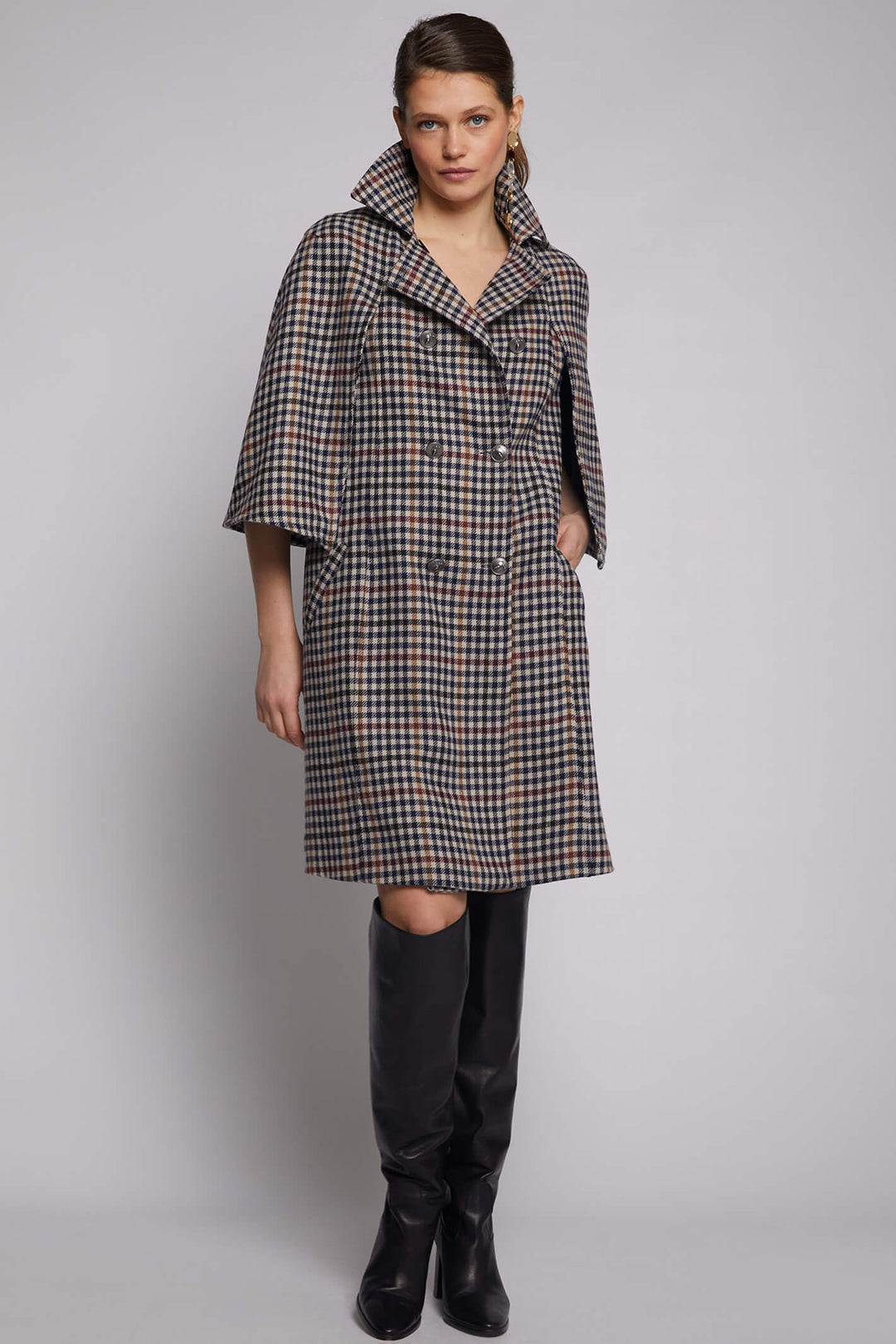 Vilagallo 30748 Navy Dogtooth Print Wool Blend Coat - Experience Boutique