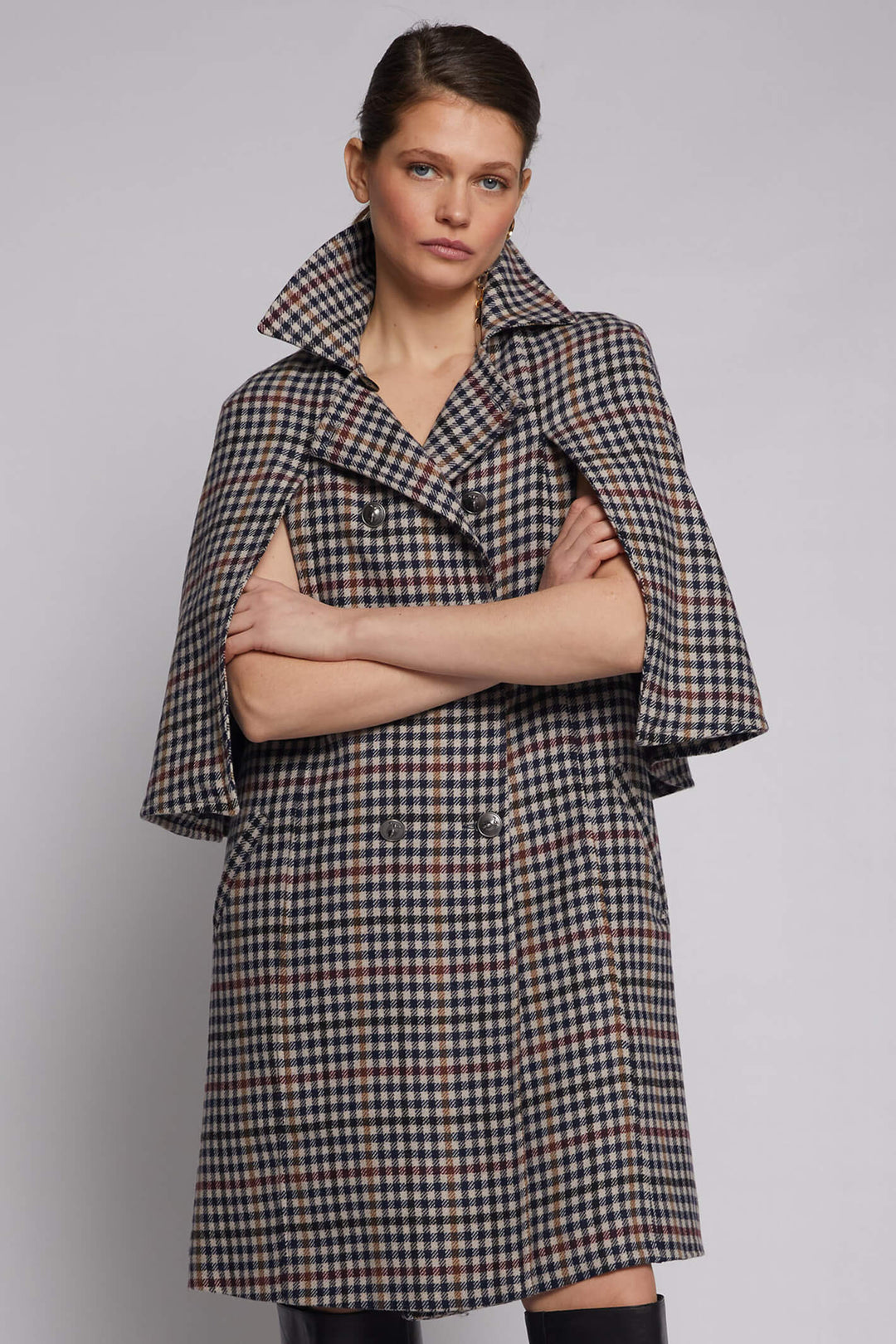 Vilagallo 30748 Navy Dogtooth Print Wool Blend Coat - Experience Boutique