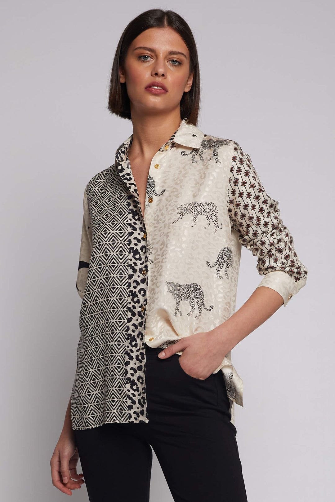 Vilagallo 30807 Taupe Mirina Patchwork Print Shirt - Experience Boutique