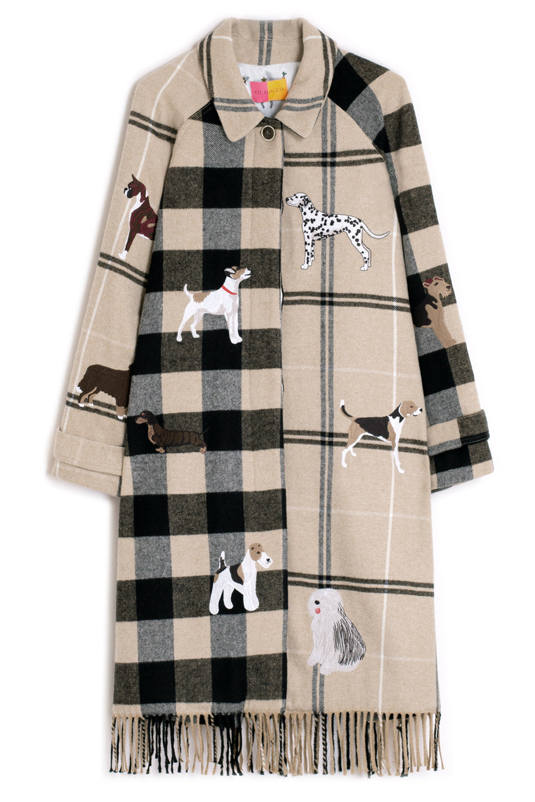 Plaid coat with dog illustrations on a white background