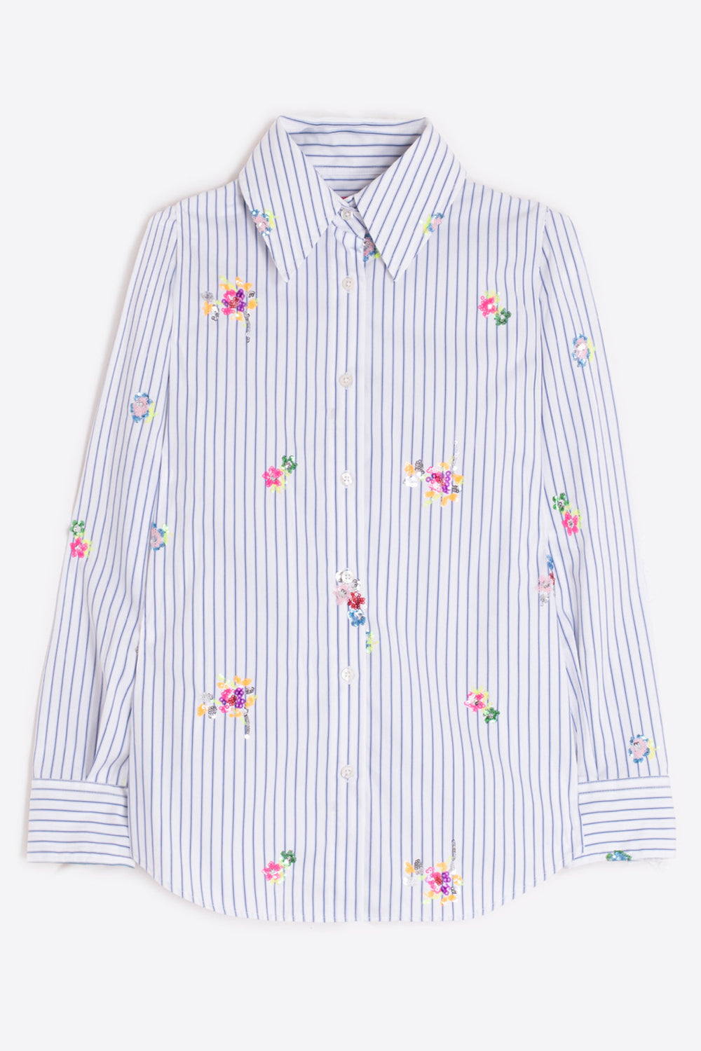 Striped shirt with floral embroidery on a white background