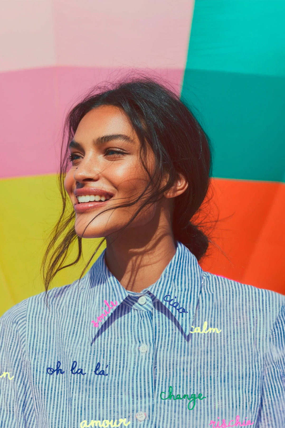 Vilagallo 33214 Mafalda Blue Striped Embroidered Linen Shirt