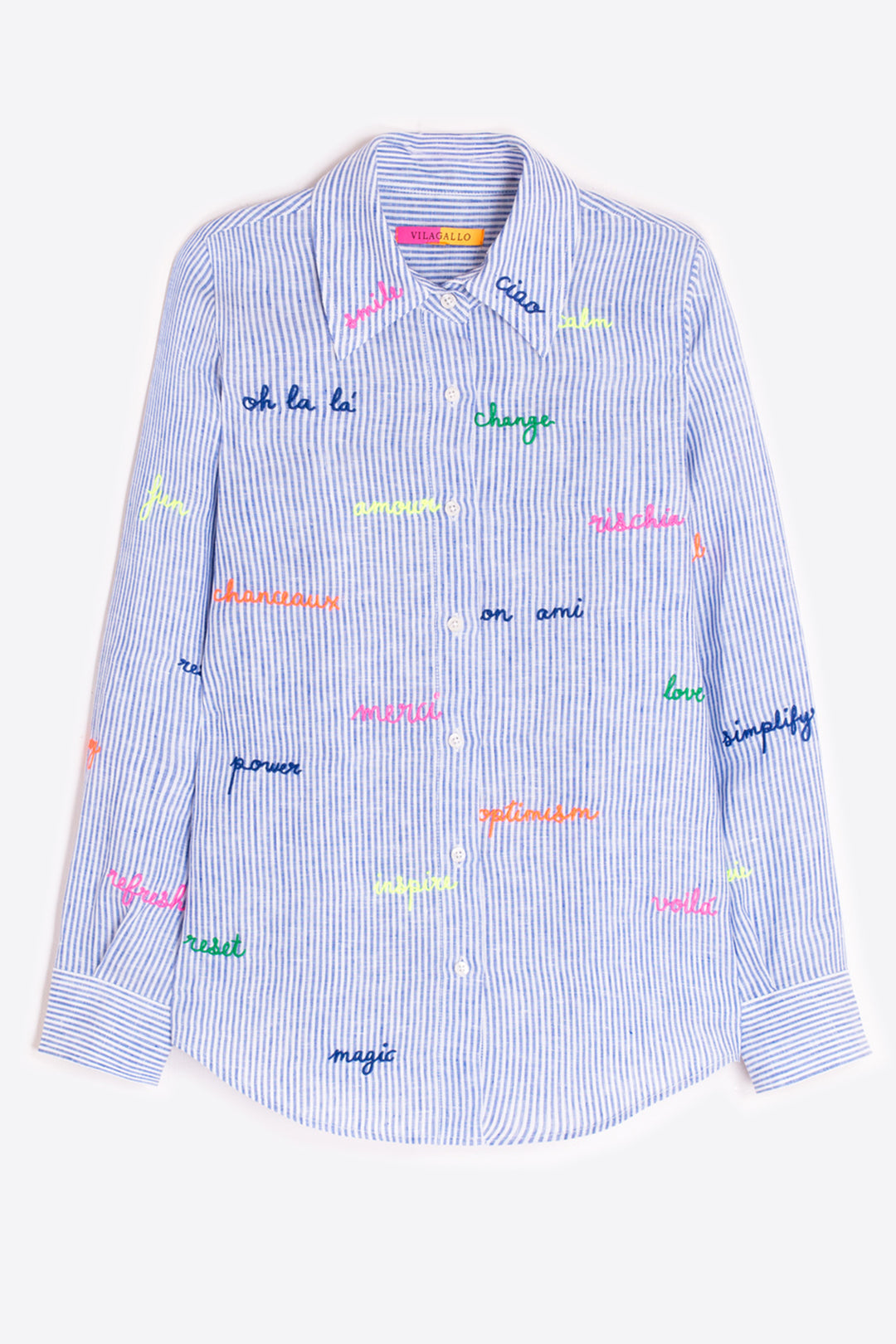 Vilagallo 33214 Mafalda Blue Striped Embroidered Linen Shirt