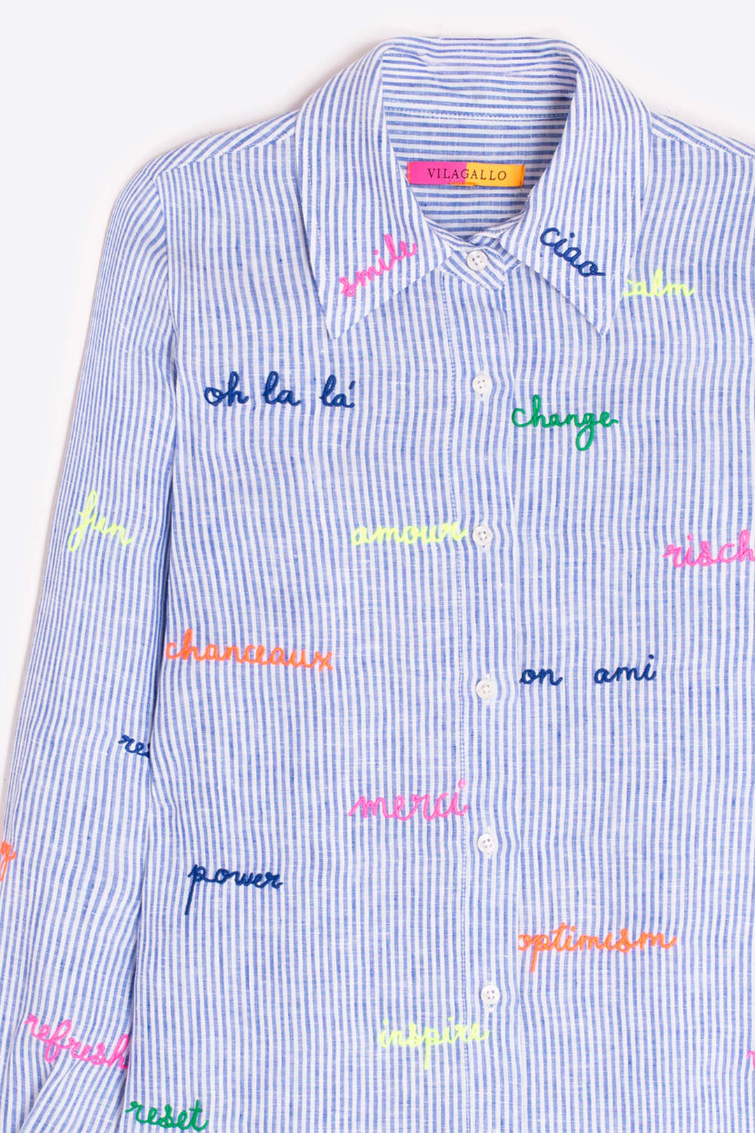 Vilagallo 33214 Mafalda Blue Striped Embroidered Linen Shirt