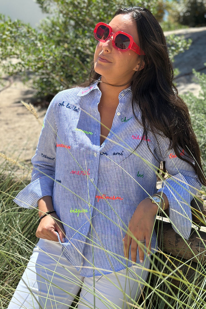Vilagallo 33214 Mafalda Blue Striped Embroidered Linen Shirt