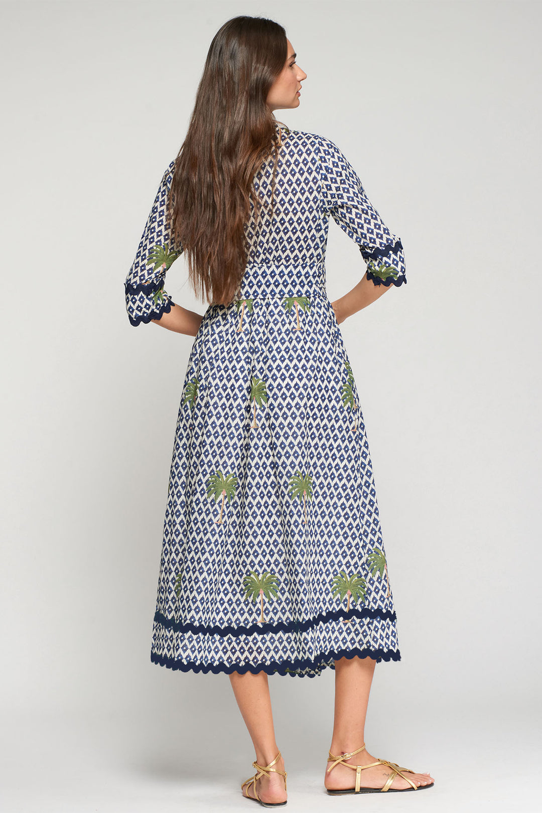 Vilagallo 33219 Brenda Navy Ilkat Palmera Print Cotton Shirt Dress