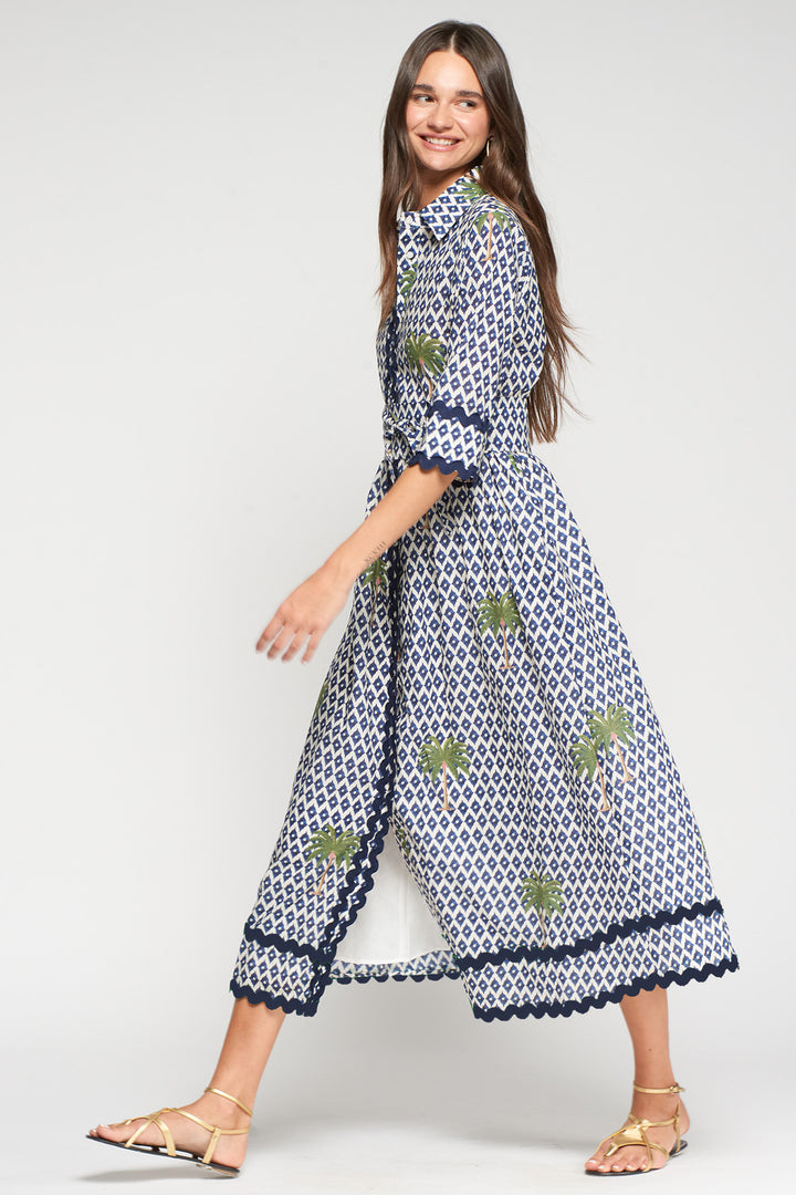Vilagallo 33219 Brenda Navy Ilkat Palmera Print Cotton Shirt Dress