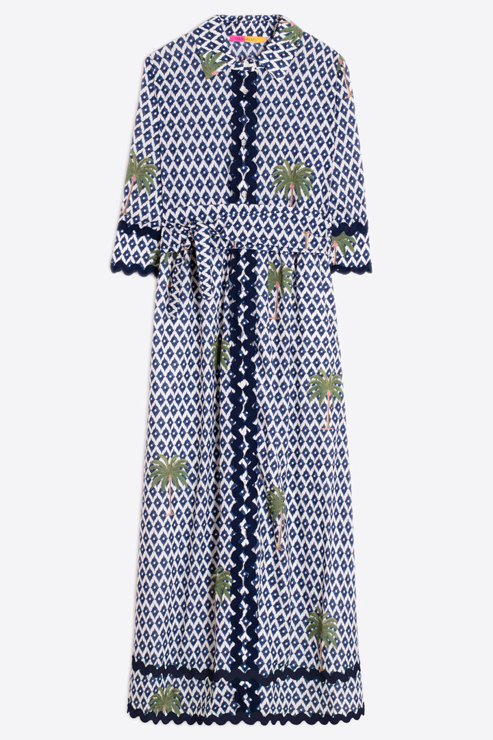 Vilagallo 33219 Brenda Navy Ilkat Palmera Print Cotton Shirt Dress