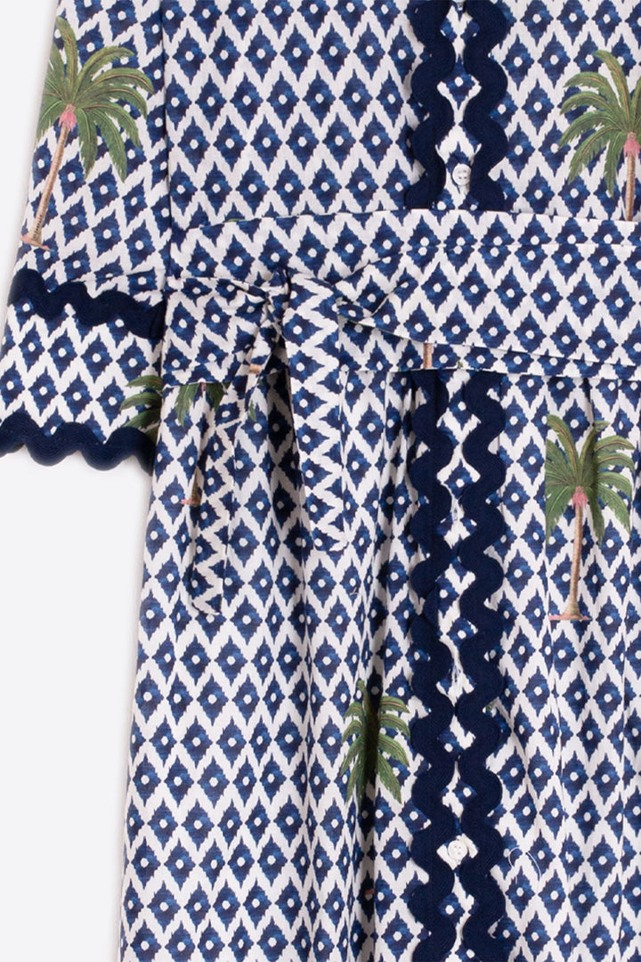 Vilagallo 33219 Brenda Navy Ilkat Palmera Print Cotton Shirt Dress