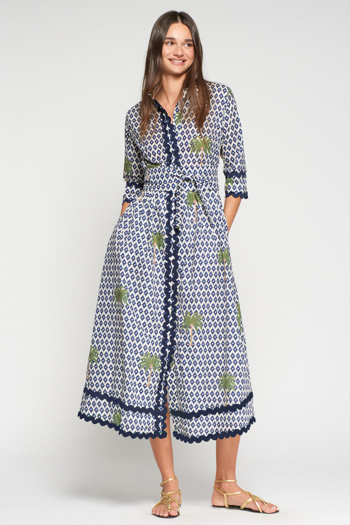 Vilagallo 33219 Brenda Navy Ilkat Palmera Print Cotton Shirt Dress