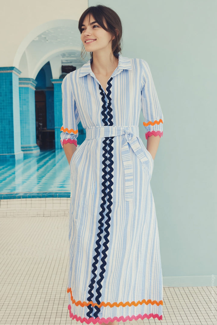Vilagallo 33321 Brenda Blue Seersucker Stripe Cotton Shirt Dress