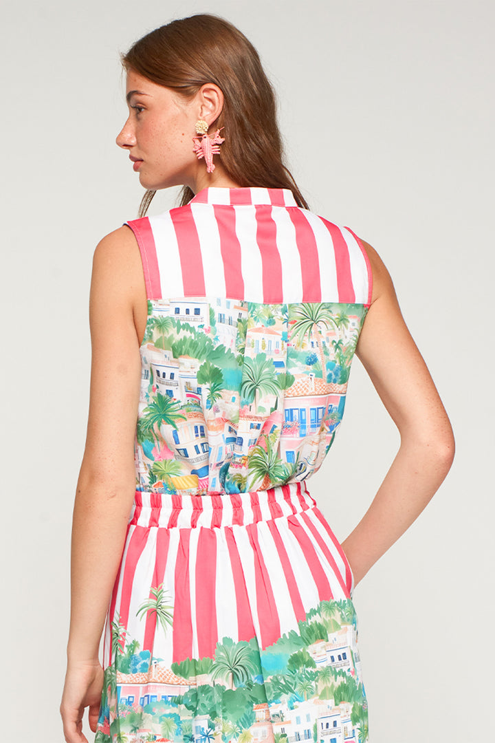 Vilagallo 33553 Olimpia Red Stripe Holiday Print Sleeveless Cotton Shirt