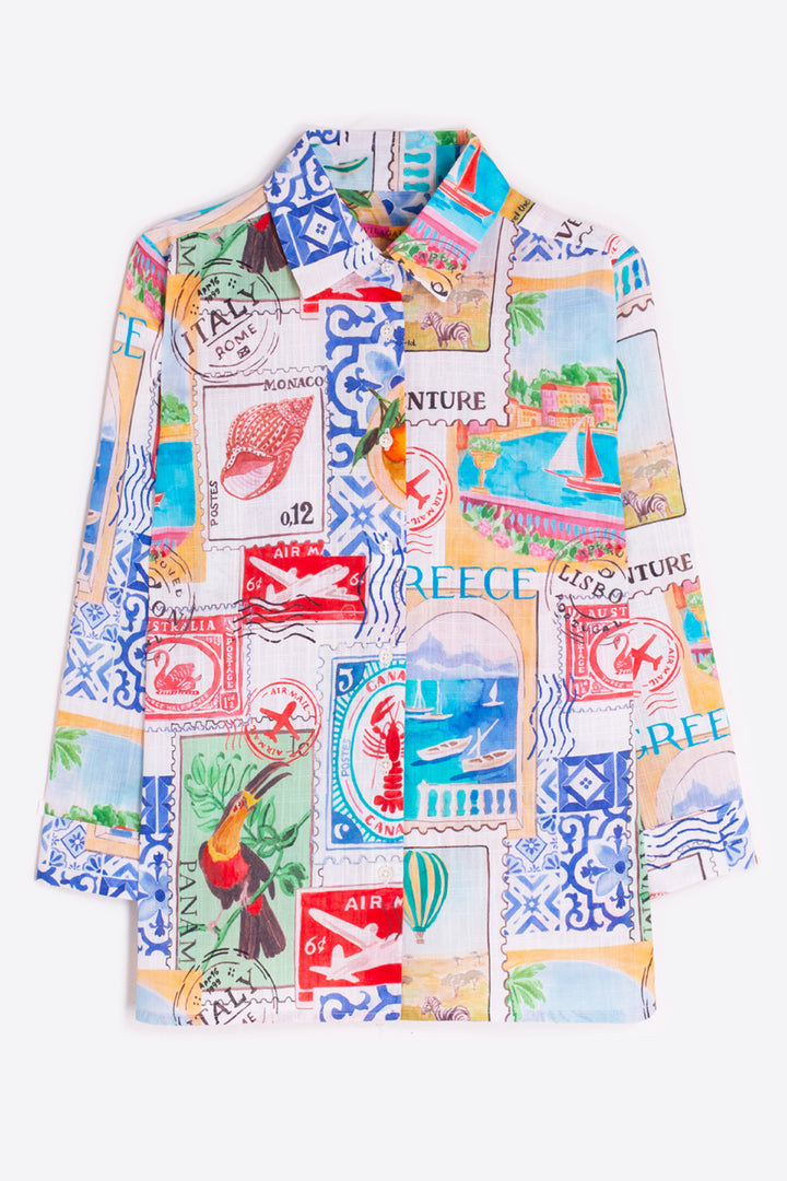 Vilagallo 33598 Sara Travel Stamps Print Cotton Shirt