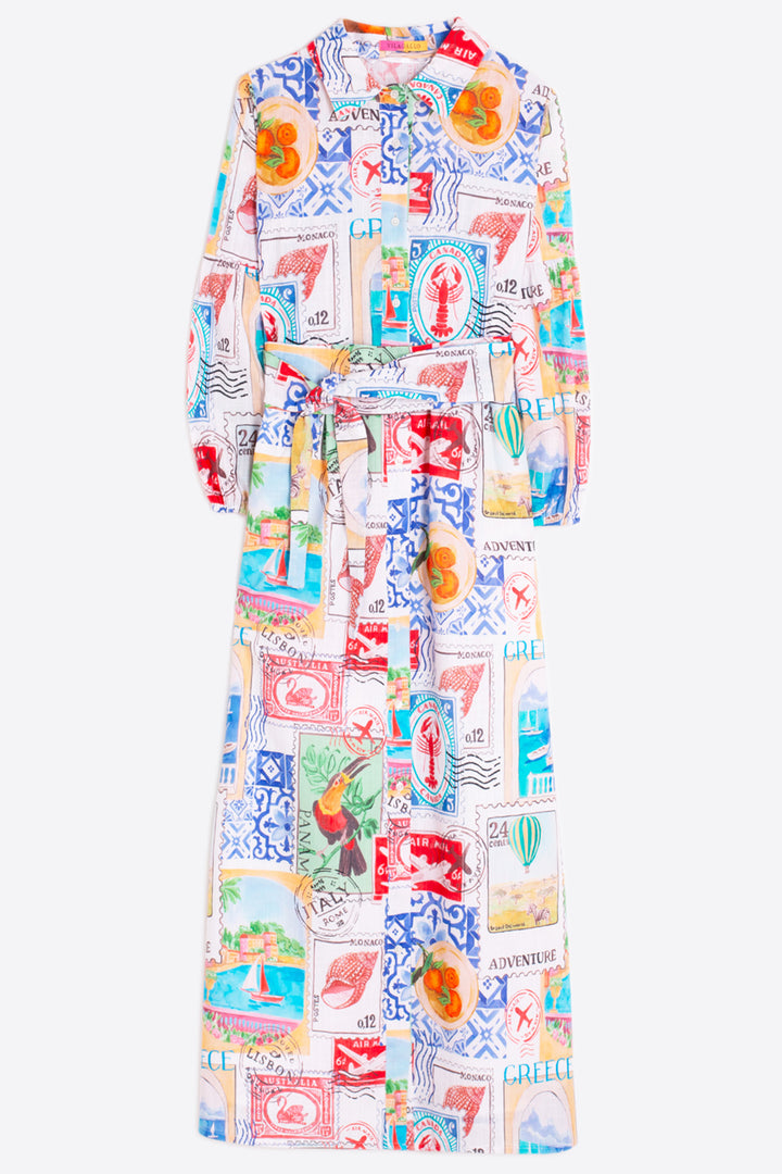 Vilagallo 33603 Alejandra Travel Stamps Print Cotton Shirt Dress