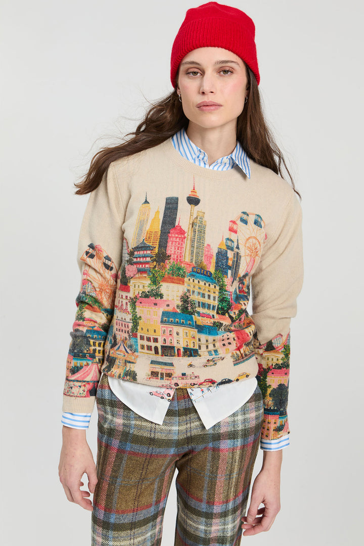 Vilagallo Beige Cityscape Print Jumper 34134, front