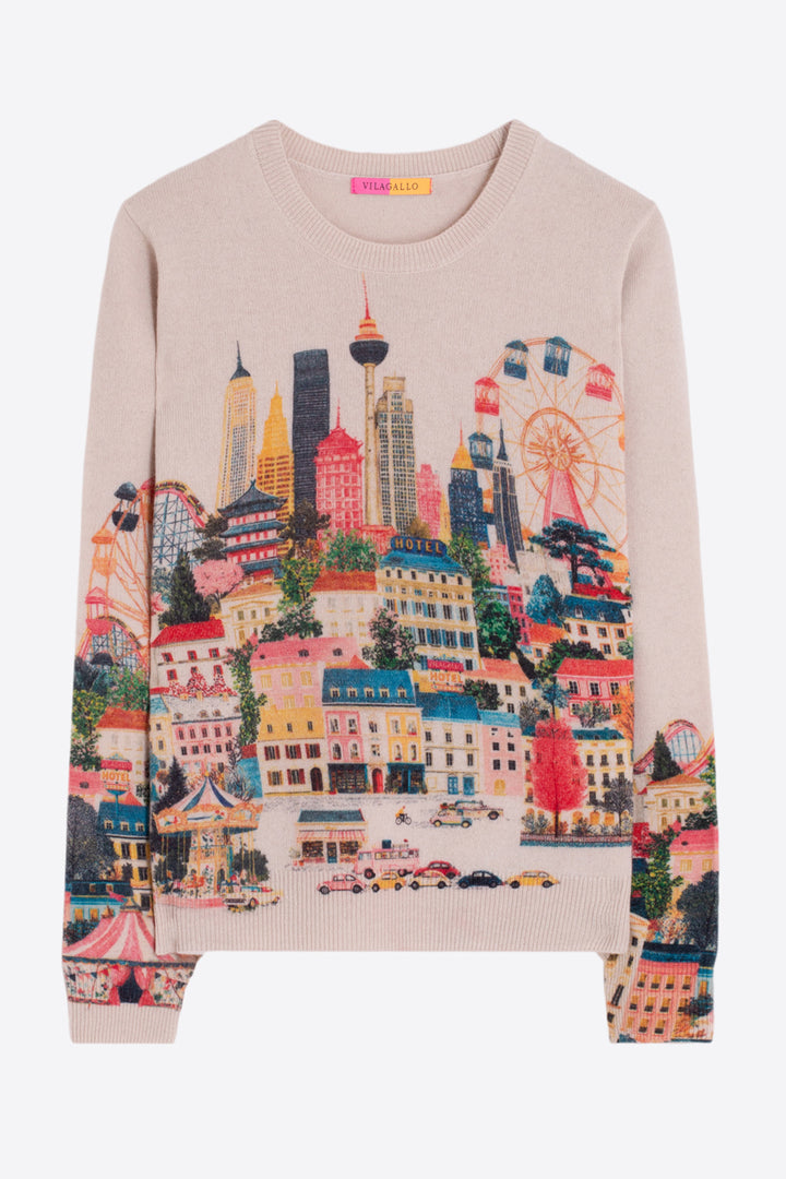 Vilagallo Beige Cityscape Print Jumper 34134, detail