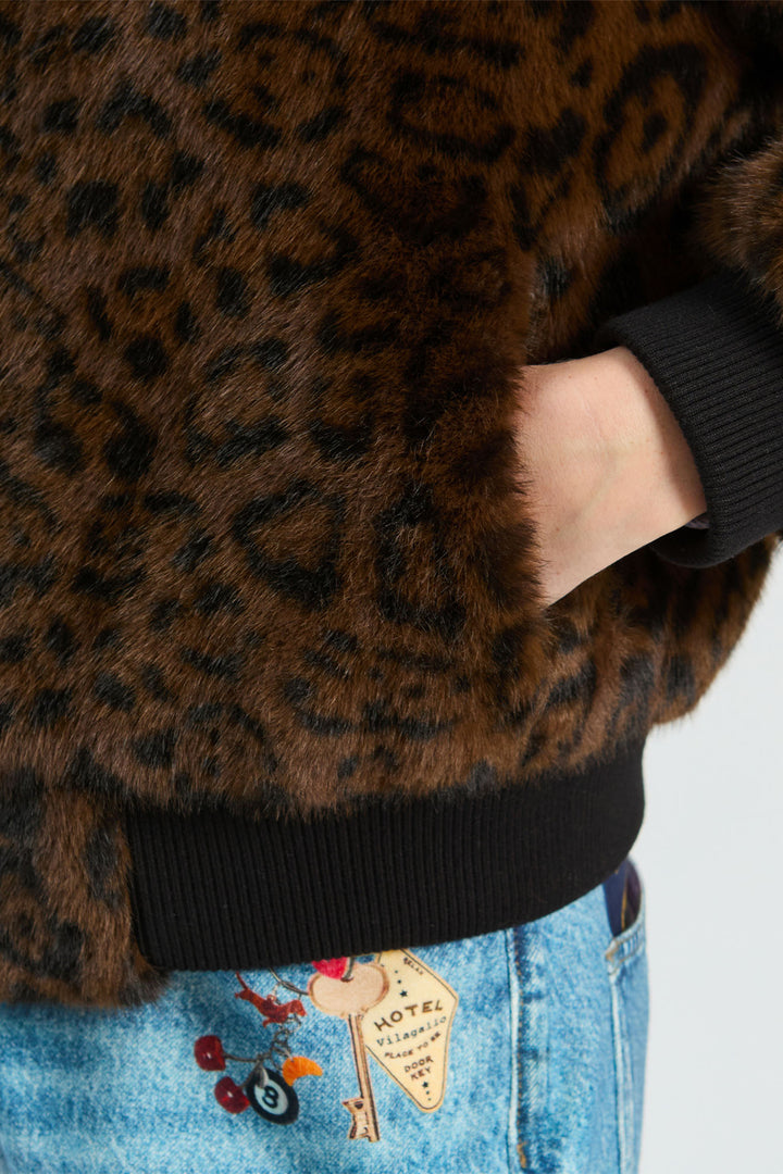 Vilagallo Brown Leopard Print Faux Fur Jacket 33761, full length