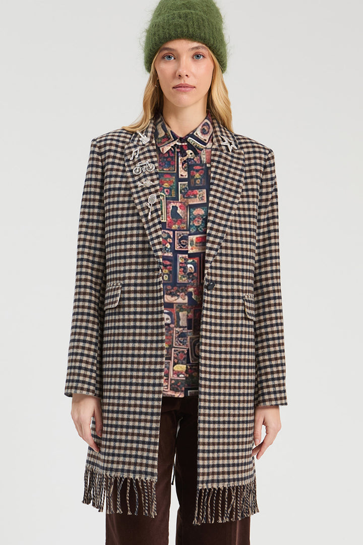 Vilagallo Multicolour Check Fringe Coat 33929, front