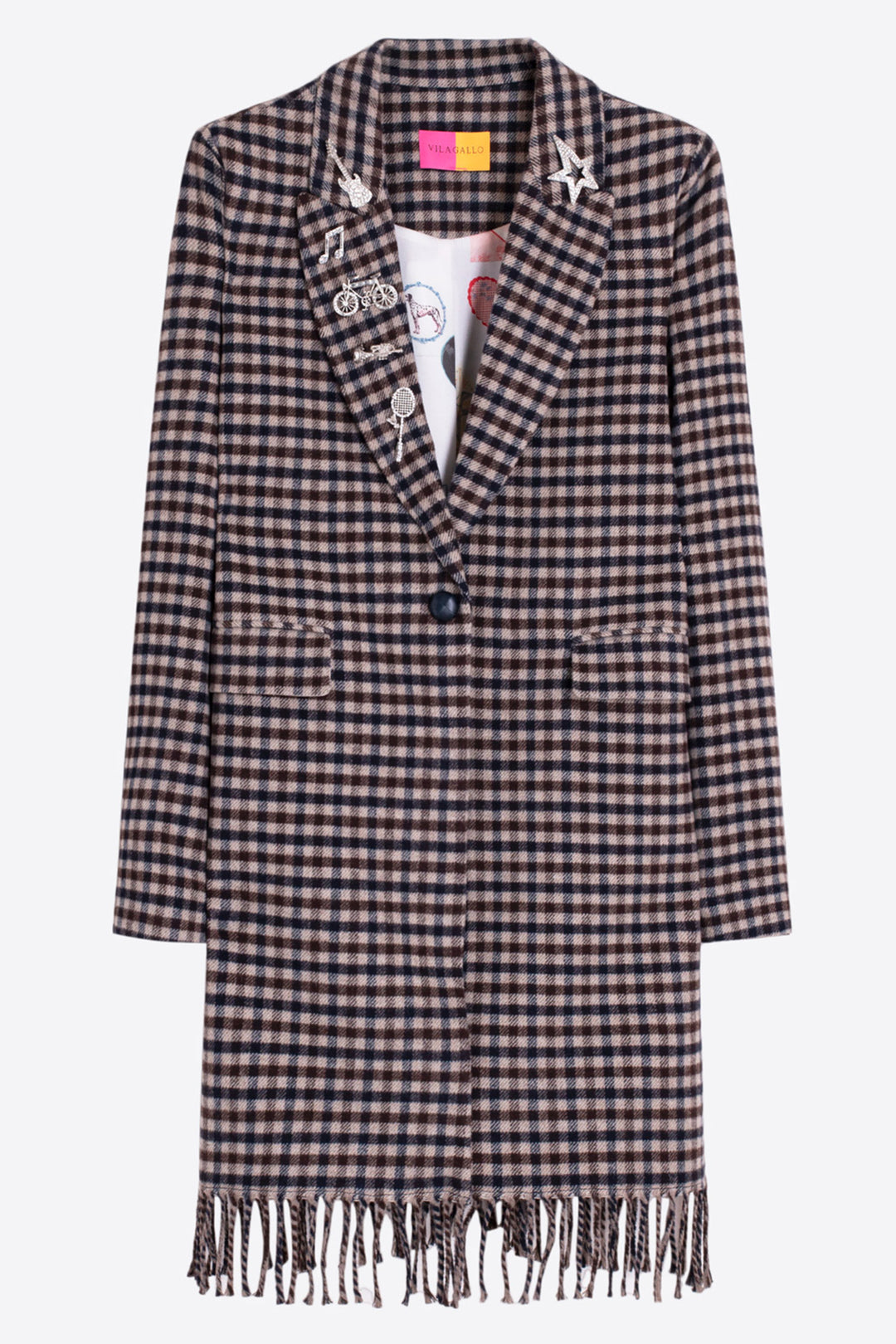 Vilagallo Multicolour Check Fringe Coat 33929, full length