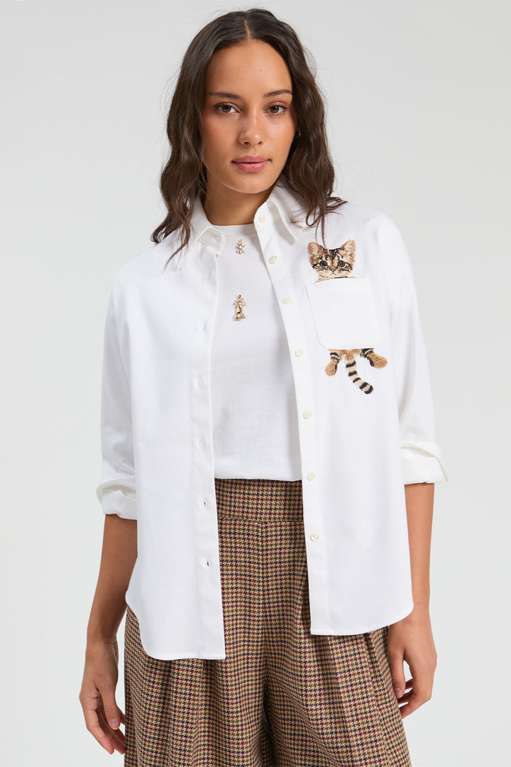 Vilagallo White Cat Embroidered Shirt 33755, front