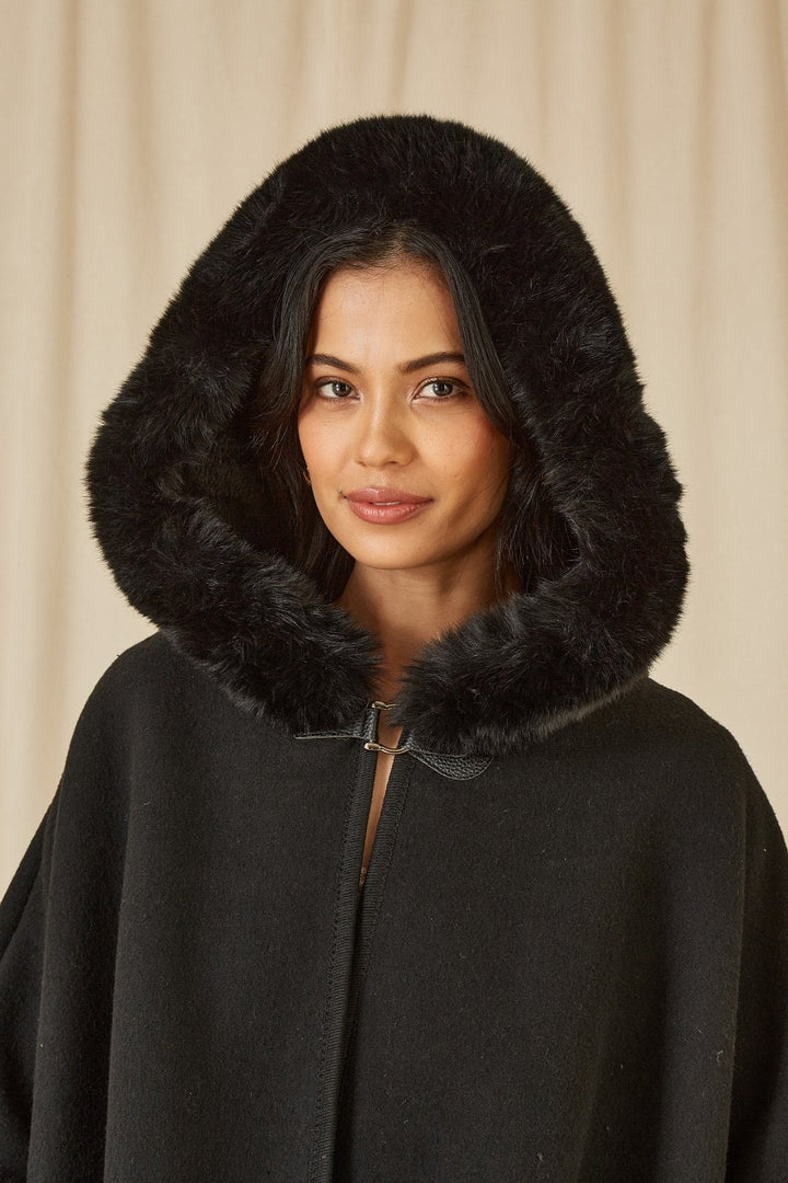 Yumi Black Cape With Luxe Fur Trim And Lining