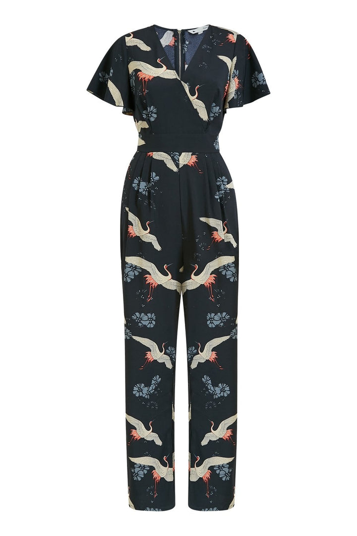 Yumi Black Crane Print Angel Sleeve Jumpsuit