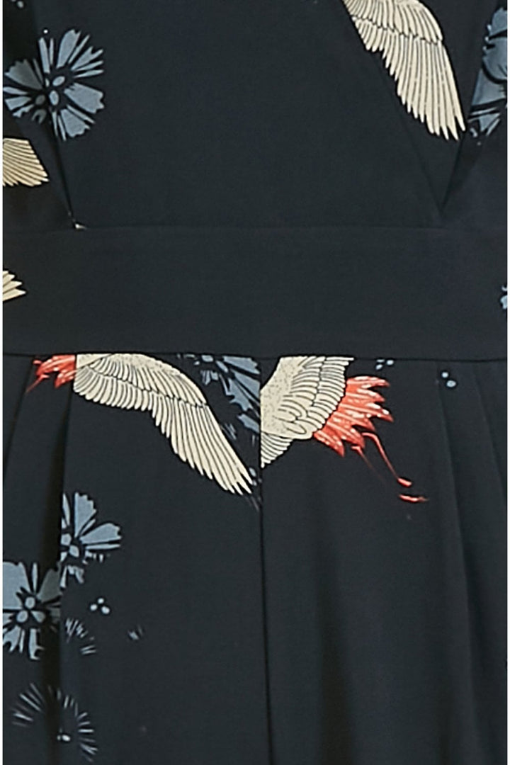 Yumi Black Crane Print Angel Sleeve Jumpsuit