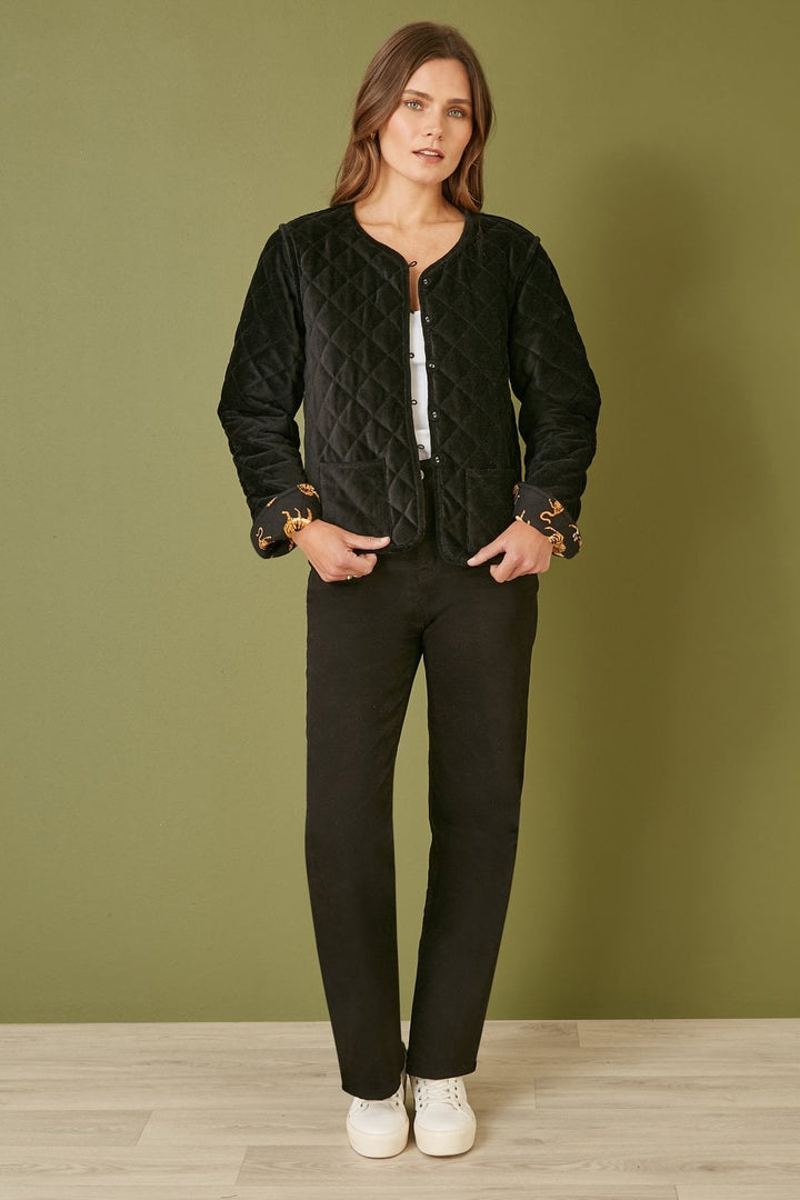 Yumi Black Velvet Quilted Jacket With Reversible Leopard Lining