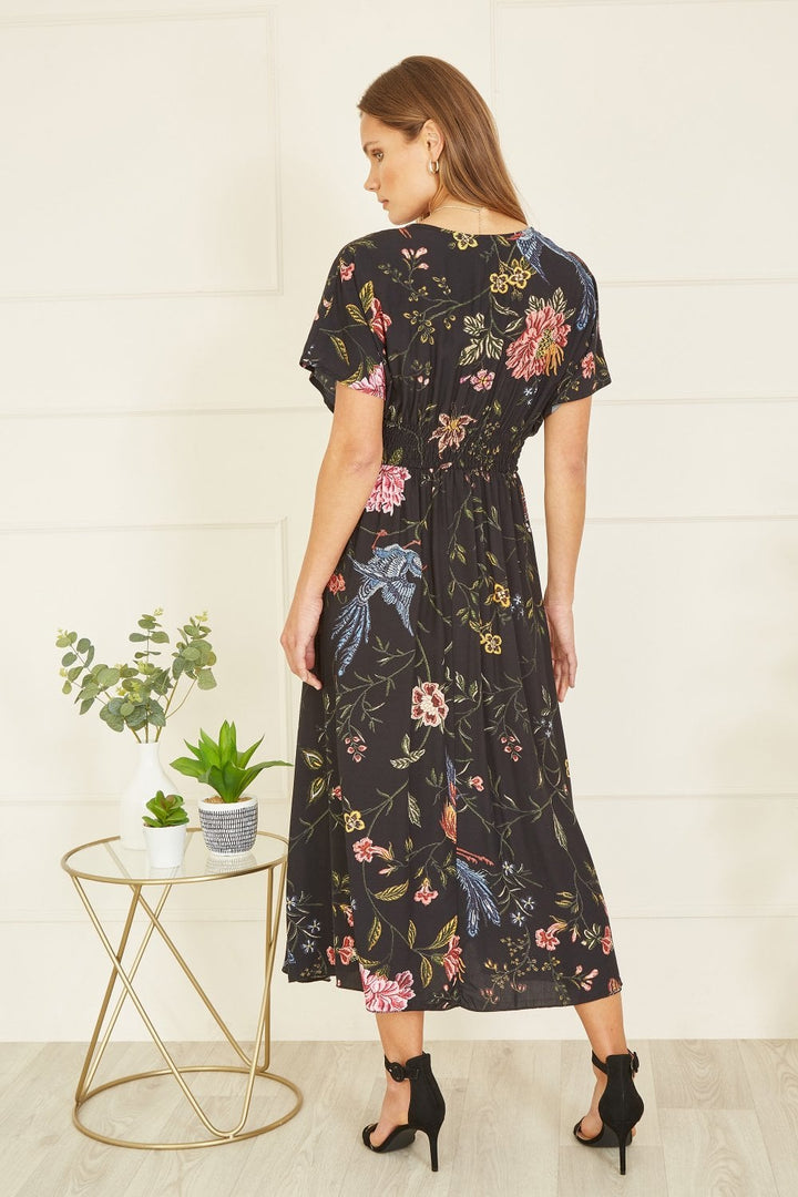 Yumi Black Viscose Bird and Floral Print Kimono Midi Dress
