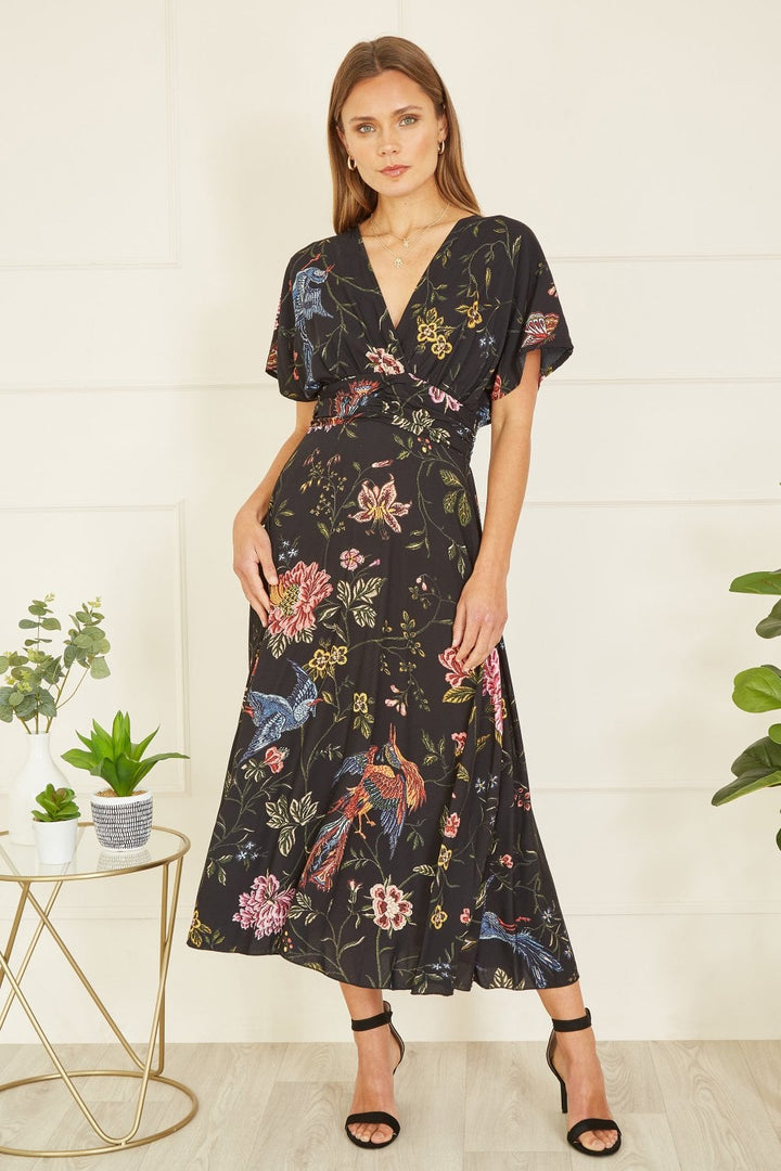 Yumi Black Viscose Bird and Floral Print Kimono Midi Dress