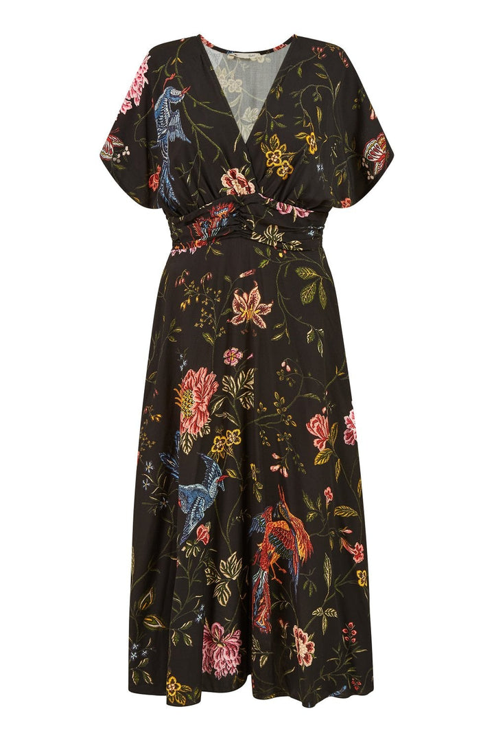 Yumi Black Viscose Bird and Floral Print Kimono Midi Dress