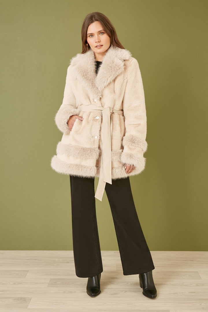 Yumi Cream Luxe Faux Fur Swing Coat With Tie Belt