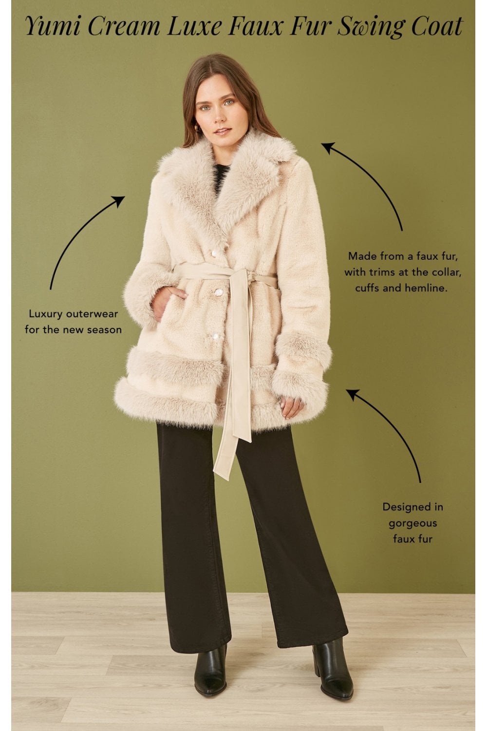 Yumi Cream Luxe Faux Fur Swing Coat With Tie Belt