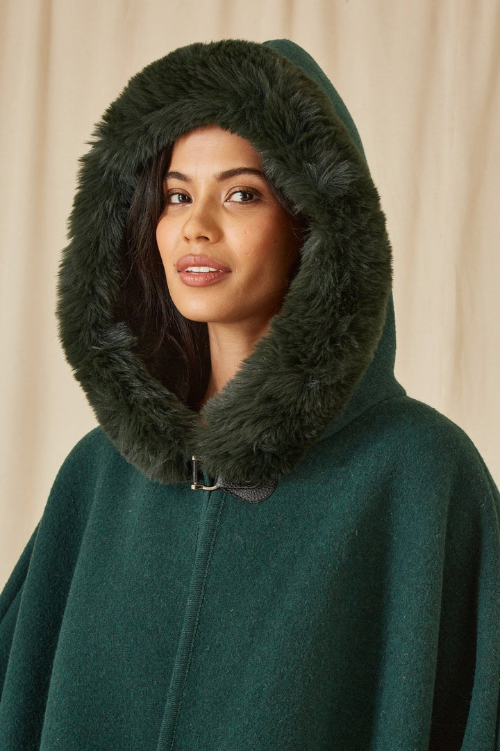 Yumi Green Cape With Luxe Fur Trim And Lining