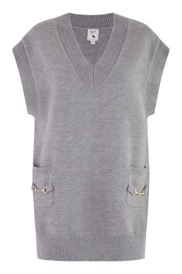 Yumi Grey Knitted Oversize Vest With Pockets And Snaffle Details