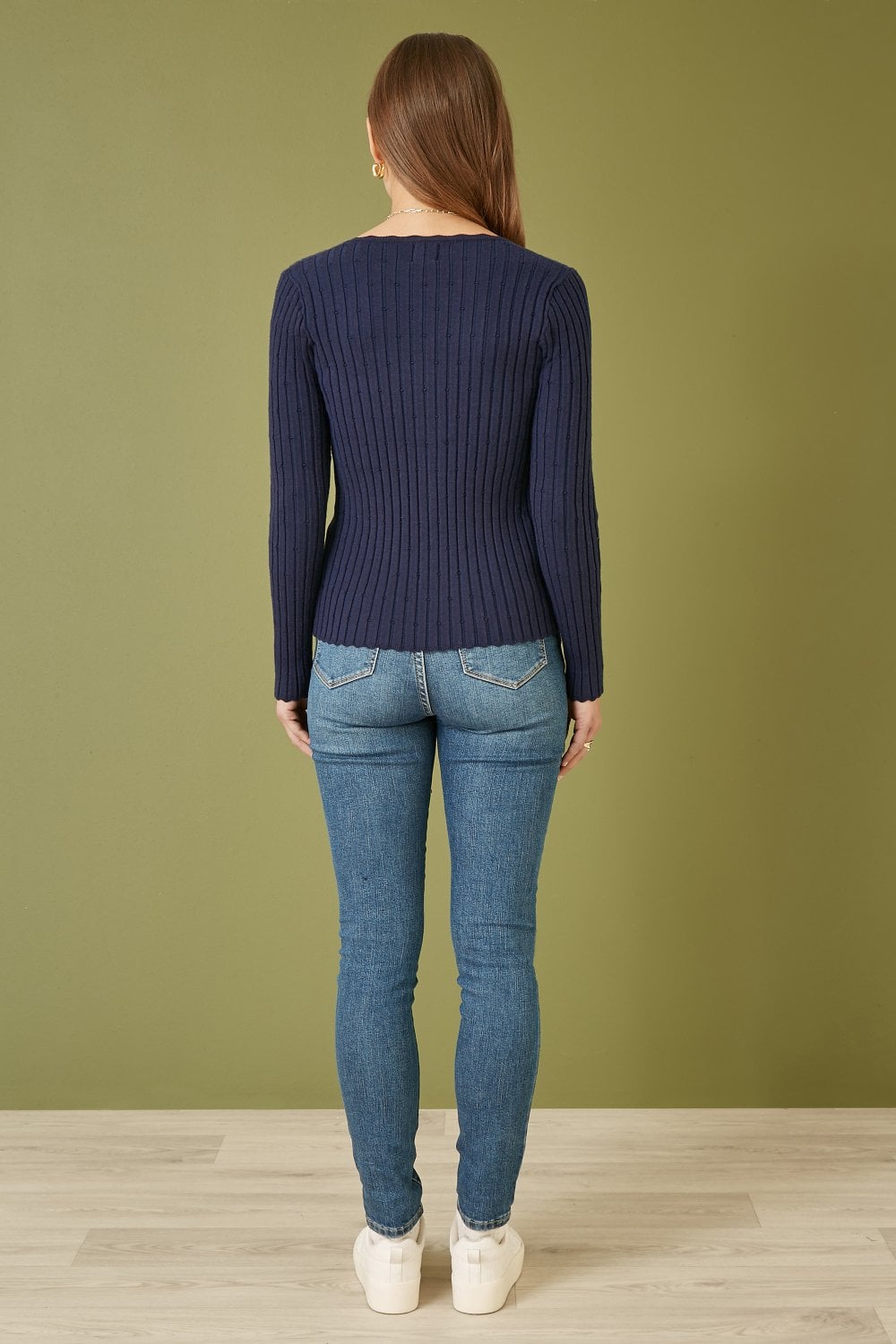 Yumi Navy Fitted Rib Button Up Cardigan