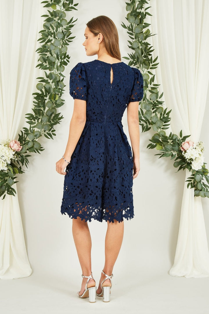 Yumi Navy Lace Skater Dress With Puff Sleeves