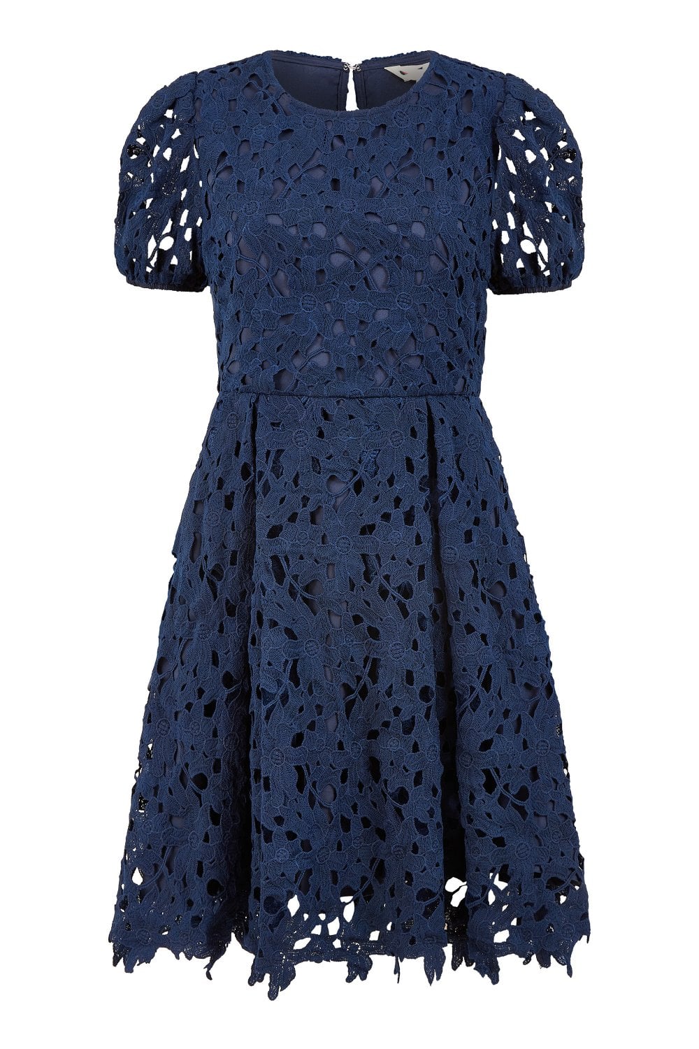 Yumi Navy Lace Skater Dress With Puff Sleeves