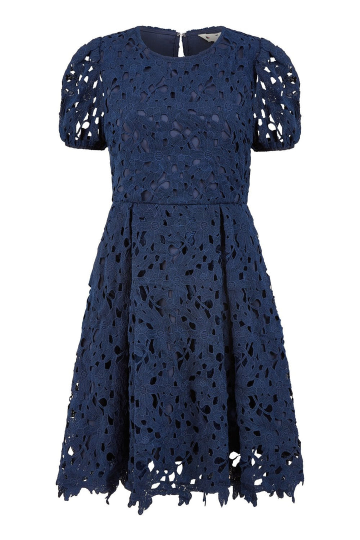 Yumi Navy Lace Skater Dress With Puff Sleeves