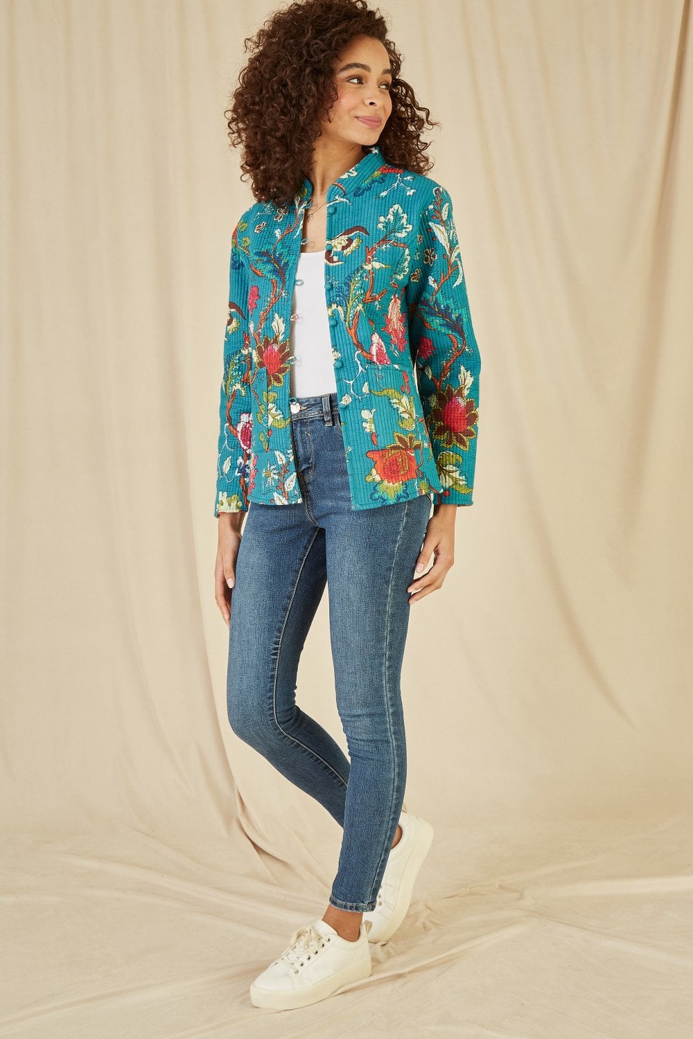 Yumi Teal Floral Print Reversible Cotton Quilted Jacket