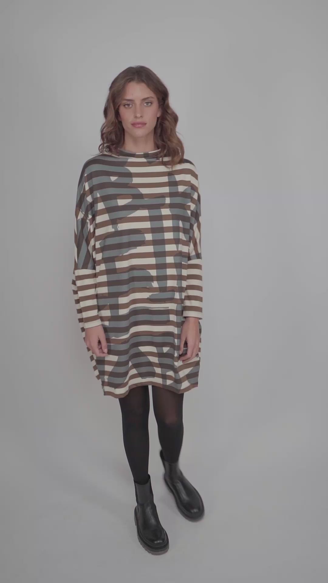 Alembika UD778S Brown Stripe Letter Print Dress - Experience Boutique